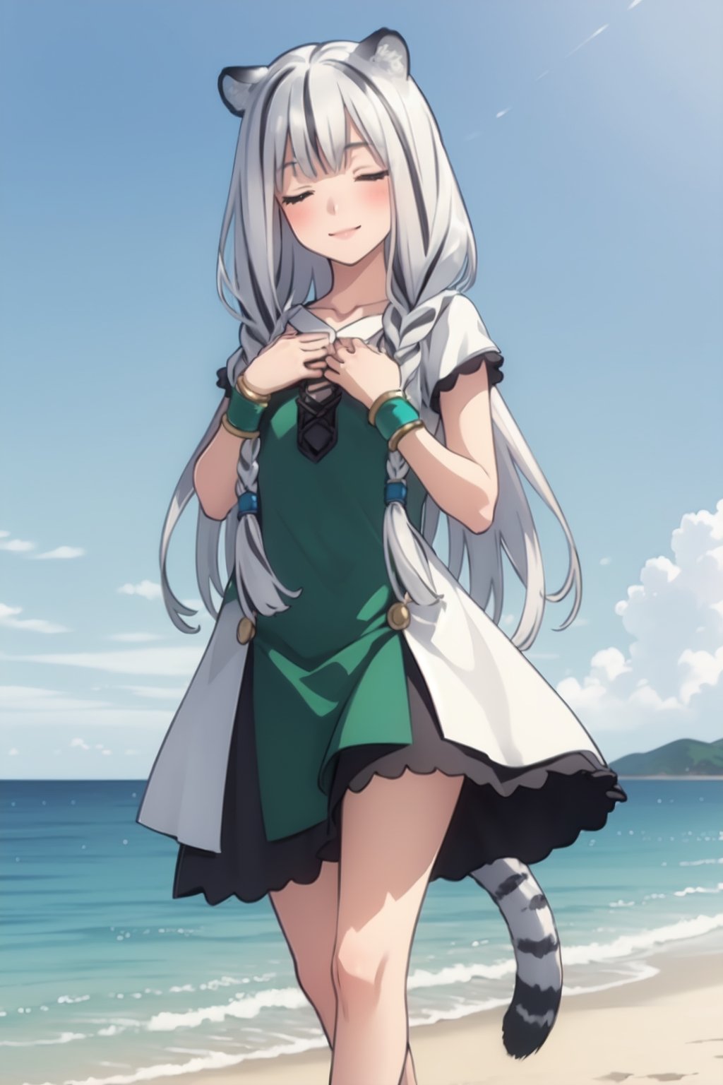 ((masterpiece)), (best quality), (ultra-detailed), photorealistic, (best illustration), ((an extremely delicate and beautiful)), 1girl, solo, long hair, tiger ears, tiger tail under white hair, two-tone hair, feet out of frame, white dress, (green dress:1), multicolored dress, cross-laced, standing, closed eyes, smile, black skirt, short sleeves, detailed scenery, blue sky, horizon, low twin braids, twin braids, hair ornament, bracelet, (hand on own chest:0.9), blush 