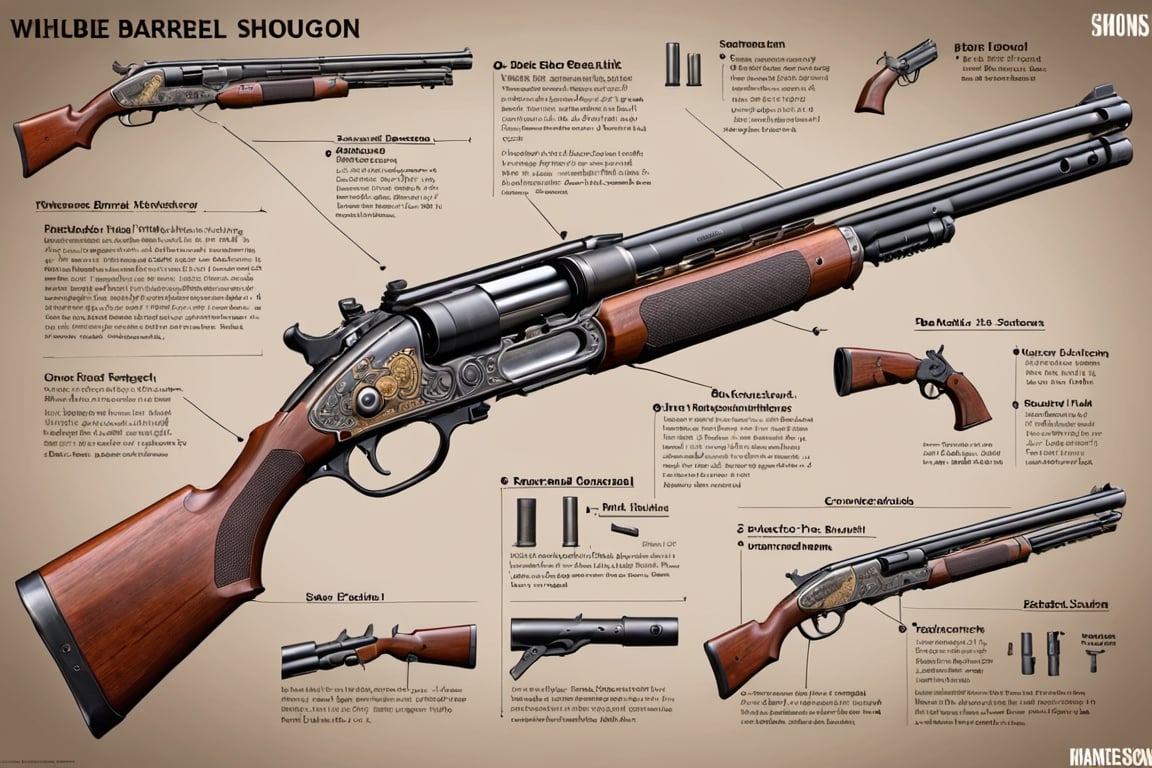 features a detailed diagram of a double-barrel shotgun, showcasing its various parts and mechanisms. The gun is displayed in a cross-sectional view, with the barrels and other components clearly visible. 

In addition to the main double-barrel shotgun, there are several other guns and firearms scattered throughout the image. Some of these guns are positioned in the background, while others are placed closer to the viewer. The overall scene provides a comprehensive understanding of the intricate workings of a double-barrel shotgun and its components.