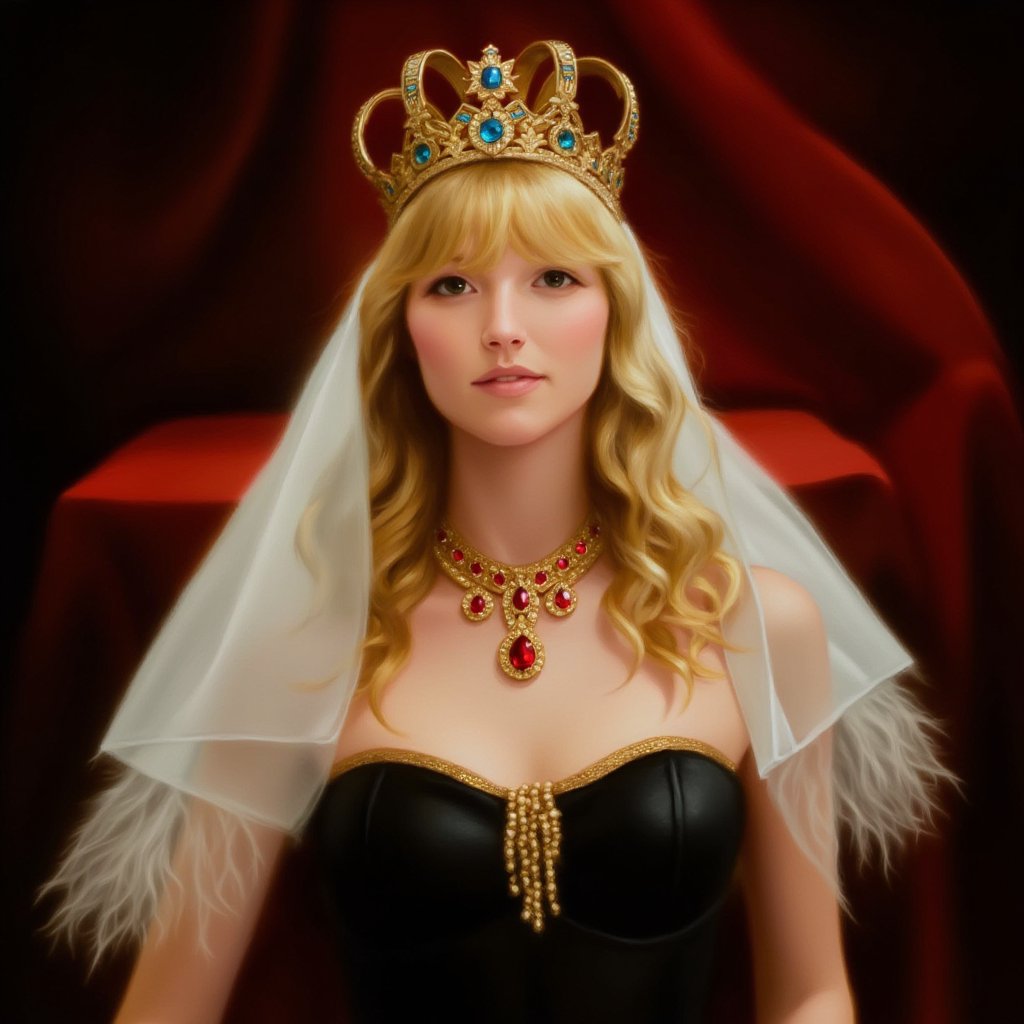 a fantasy princess surrounded by an atmosphere of luxury and magic. She wears an ornate crown adorned with blue and red gemstones that sparkle in the light. A white veil falls gently over her long, wavy blonde hair, adding mystery and sophistication to her look.

Around the princess's neck is a magnificent necklace with red stones set in gold, which emphasizes her royal status. Her outfit features a black corset with gold trim along the top edge that elegantly accentuates her figure.

A piece of red curtain or fabric can be seen in the background, creating the feeling of a rich interior, perhaps a throne room or royal chambers. The whole image of the princess radiates grandeur and grace, as if she had stepped out of the pages of a fairy tale. Photorealism, professional shot, ISO-250,art_solyanka,pavsok Style