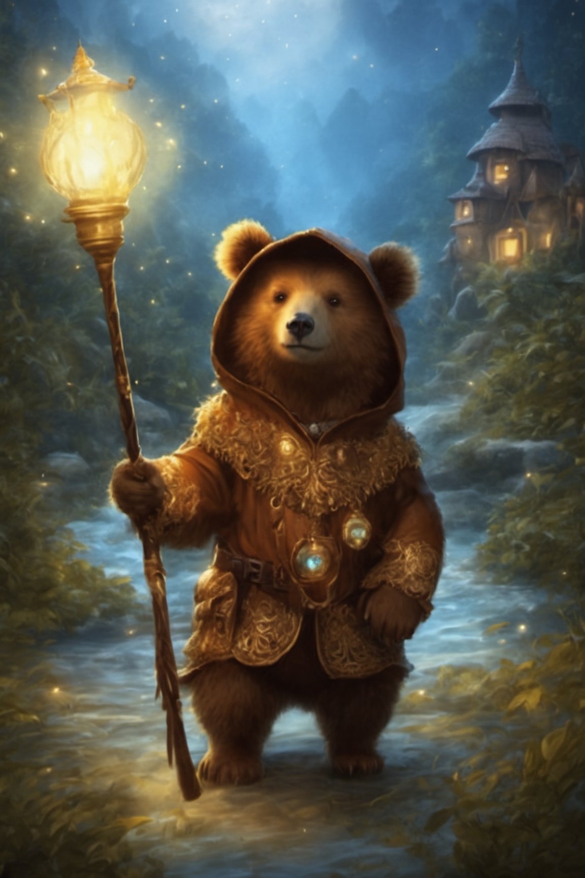 Hyper-detailed painting, Jean-Baptiste Monge style, The cute little brave bear is in the novice village, wearing adventurer clothes, splash, glittering, cute and adorable, filigree, lights, fluffy, magic, surreal, fantasy, digital art, ultra hd, hyper-realistic illustration, vivid colors, UHD, cinematic perfect light, greg rutkowski