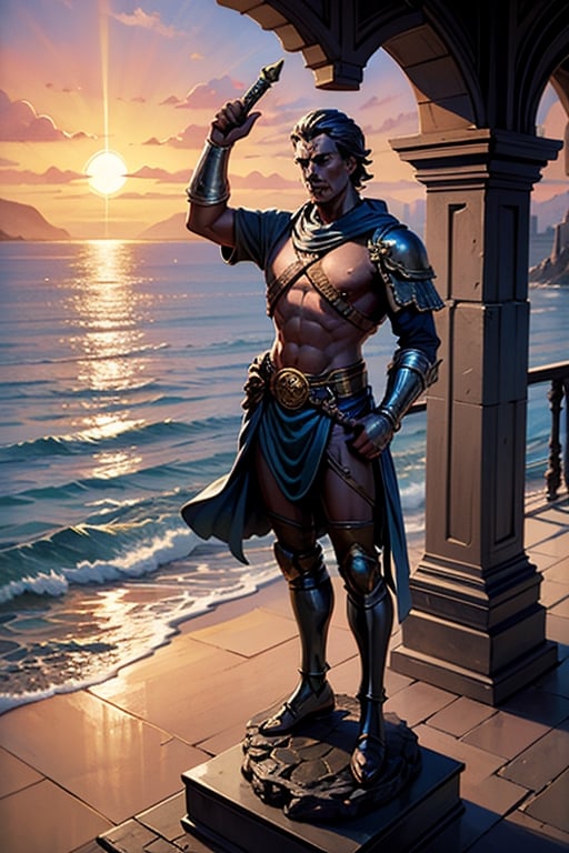 From the grand old balcony, gaze upon the endless sea and the small rocky island with a statue of a warrior, sword raised high towards the sun. Rendered in the opulent style of Baroque, with vibrant watercolor strokes.