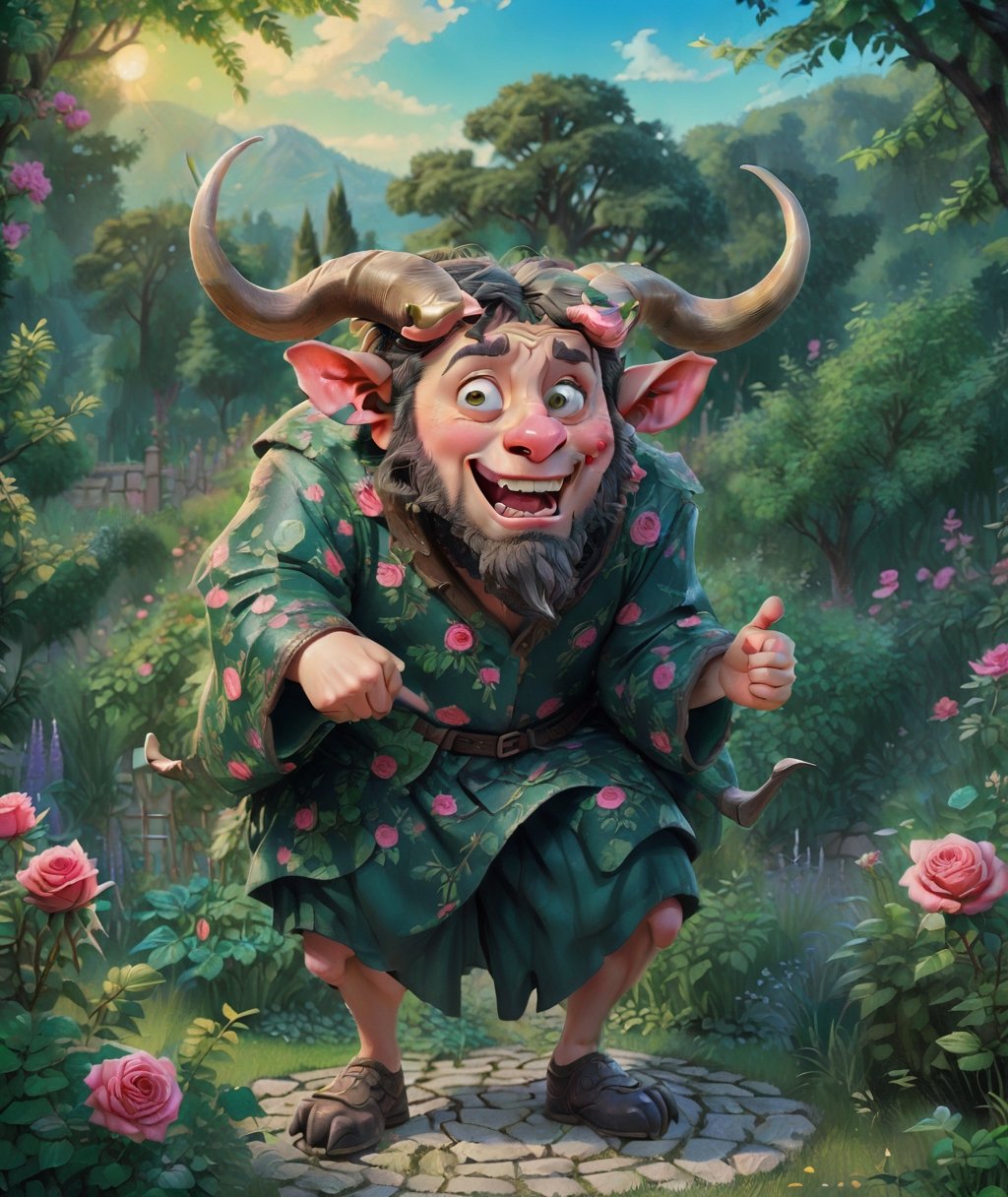 rose with horns, funny facial expressions, Exaggerated action, 3D character, green garden background, a little hairy, round shape, cartoon style, maximalism