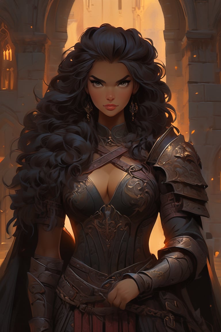 Within a dimly lit, misty courtyard of a foreboding Gothic castle, a young lady warrior emerges from the shadows. Her raven tresses flow like a waterfall down her back, as she dons futuristic armor adorned with metallic scales and supple leather straps. The warm glow of torches casts long shadows across the stone flags, while the dark silhouette of the castle looms behind. In this 3D render, Rococo-inspired curves and ornate details dance across the warrior's suit, blending medieval mystique with modern ingenuity.