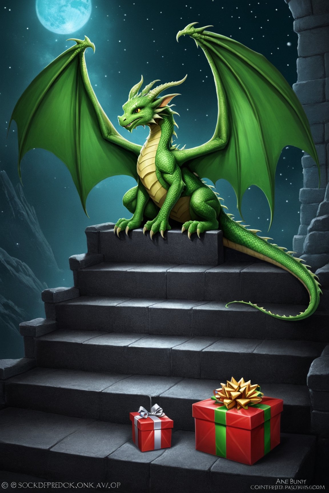 a green dragon sitting on top of steps, by Anne Stokes, ((Black bunny at the bottom of the steps goes home)), Dragon holding gift, stock photo, new year wrapped presents, profile picture 1024px, discord pfp,