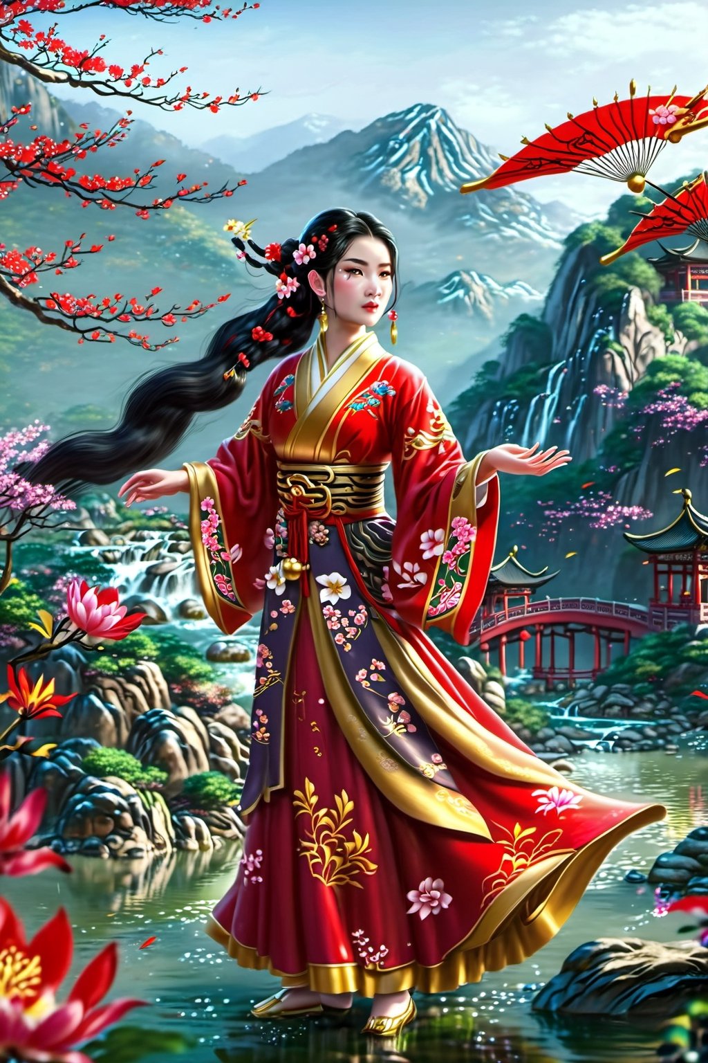 A girl wearing traditional Chinese Hanfu, a red dress with floral patterns, long black hair, and an exquisite hairstyle. The girl stands surrounded by flowers and trees. With mountains and rivers as the background, real Chinese style landscape - Mountain and Water