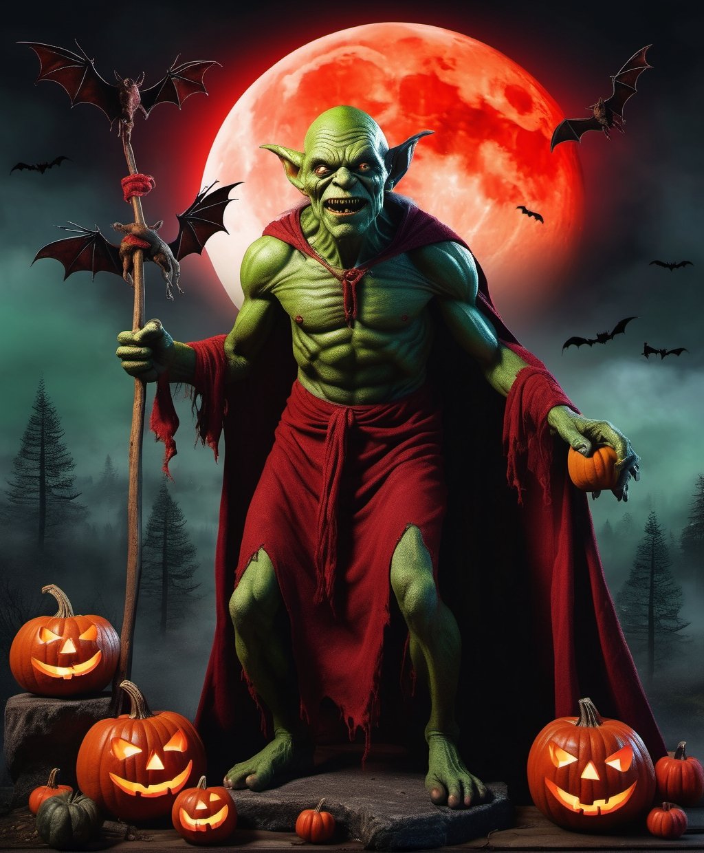 Happy Halloween, (Raw Photo:1.3) of (Ultra detailed:1.3) , (monster) legendary green-skinned goblin with red glowing eyes and red tattered robes in foreground, ( pumpkins, bats, fog, red moon with red lightning background scene ) , realistic dark fantasy art, Highly Detailed, DirectX 12: 0.6, ultra realistic: 0.5, f/2.2, Paloroid, HDR, RTX, 1024K