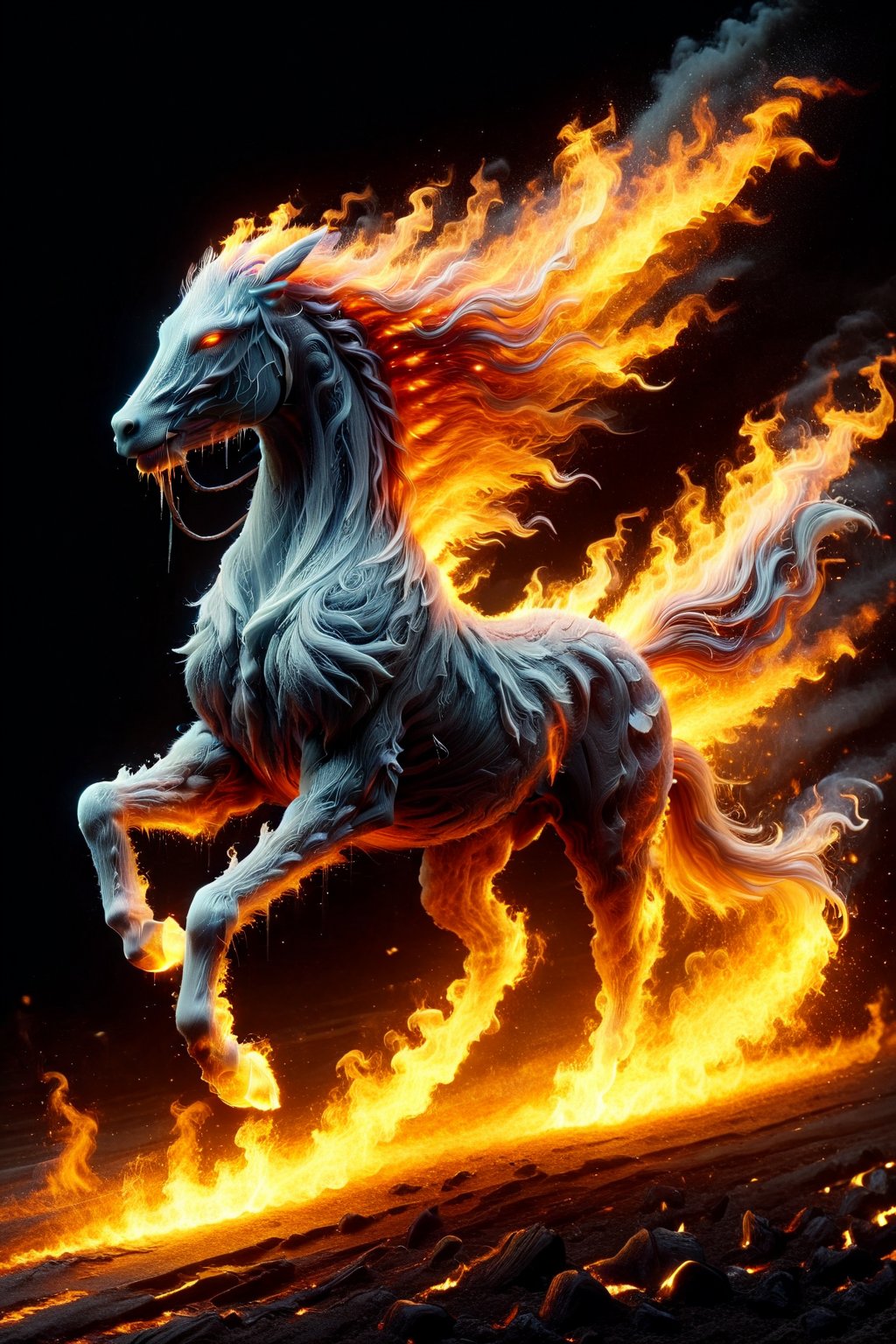 A majestic battlehorse gallops through a fiery inferno, flames engulfing its mane and tail as it rears up on hind legs, nostrils flared and ears laid back, amidst a backdrop of scorched earth and charred trees, the warmth of the blaze illuminating its muscular physique.,Headless Horseman,Mustang,faize,ElementFire