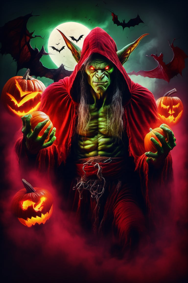 Happy Halloween, (Raw Photo:1.3) of (Ultra detailed:1.3) , (monster) legendary green-skinned goblin with red glowing eyes and red tattered robes in foreground, ( pumpkins, bats, fog, red moon with red lightning background scene ) , realistic dark fantasy art, Highly Detailed, DirectX 12: 0.6, ultra realistic: 0.5, f/2.2, Paloroid, HDR, RTX, 1024K,DonMD34thKn1gh7XL,LegendDarkFantasy