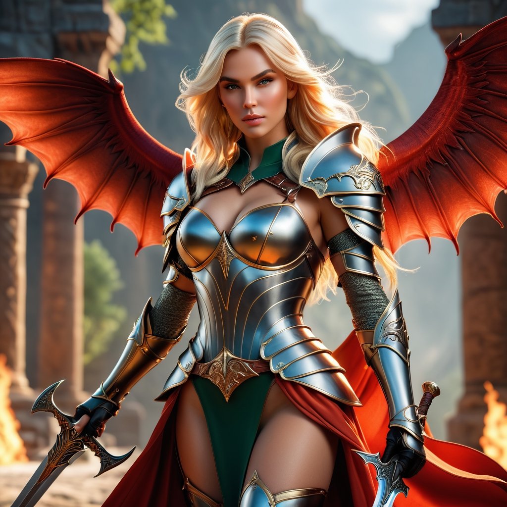 a woman dressed in armor holding a sword, stuning fantasy 3 d render, full body devil woman, 3 d graphics, enchantress, highly detailed soft lighting, arcane clothing, detailed character, elvish blonde male warrior, fiery coloring, game key art, mistress, art by by Boris Vallejo, octane render: 0.4, 3D render, realistic lighting: 0.5, soft Lightweight: 0.5, light soft shadows: 0.5, C-engine: 0.3, SSAAx4, SMAAx4, ray tracing: 0.4, realistic materials: 0.2, realistic fabric: 0.2, DirectX 12: 0.6, ultra realistic: 0.5, f/2.2, Leica, RAW, HDR, RTX, HD, 1024K