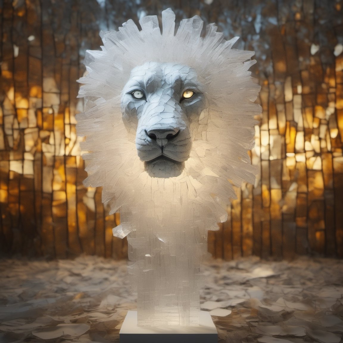 Made_of_pieces_broken_glass transparent sculpture,solo,lion,with a crown on his head, focus on a lion, glass,crack,broken glass,amber light, ,shards,glass,brccl