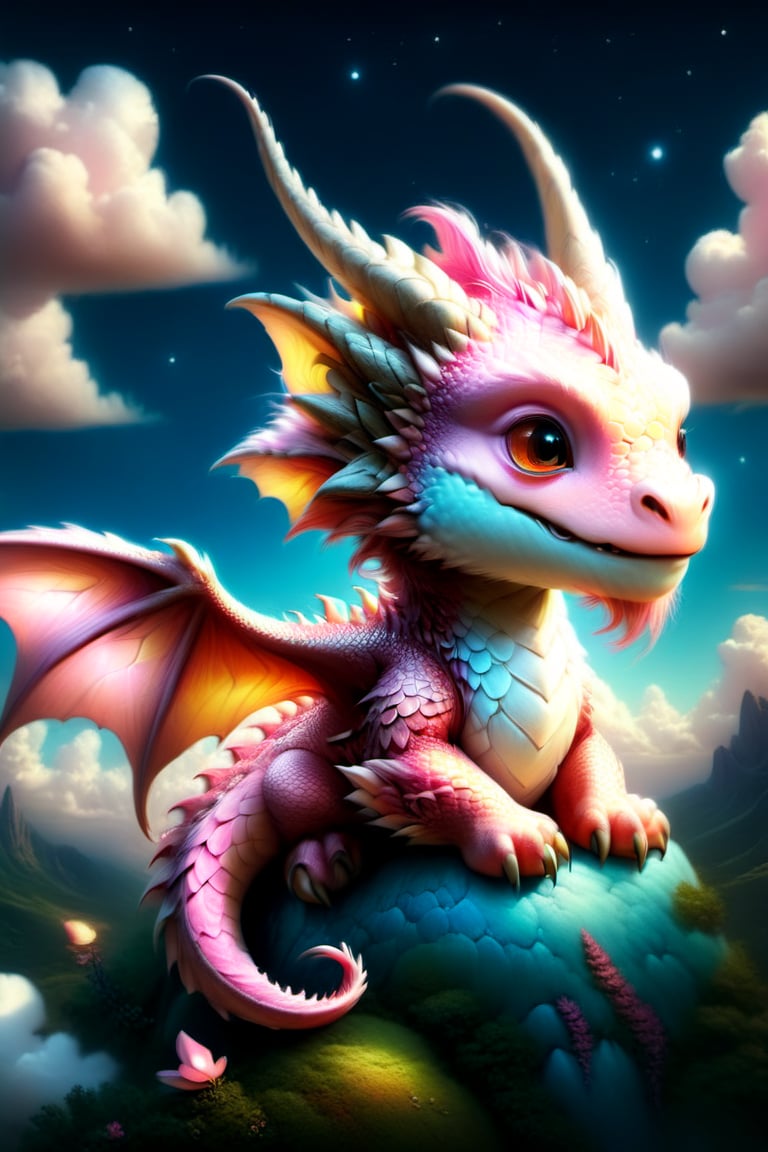 cute, kawaii, pink dragon, sitting on a soft fluffy cloud, fairyland, fairytale art, fabulous, high detail, masterpiece,more detail XL,dragon_h,draco_fantasy