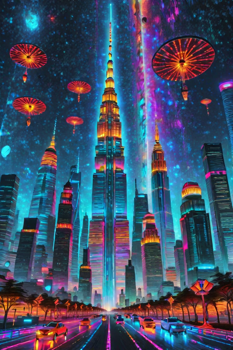 A futuristic metropolis rises against a star-speckled night sky, where skyscrapers resembling crystalline spires pierce the heavens. Vibrant light panels etch mesmerizing patterns on buildings, radiating a kaleidoscope of colors. Below, aerial vehicles - flying cars and drones - navigate the streets, casting an otherworldly glow. The city's neon-hued landscape is set against a celestial canvas, as if plucked from the vivid imagination of Sidney Medley's futuristic masterpieces., lowkey portrait of,Ap0l0gr4ph1c