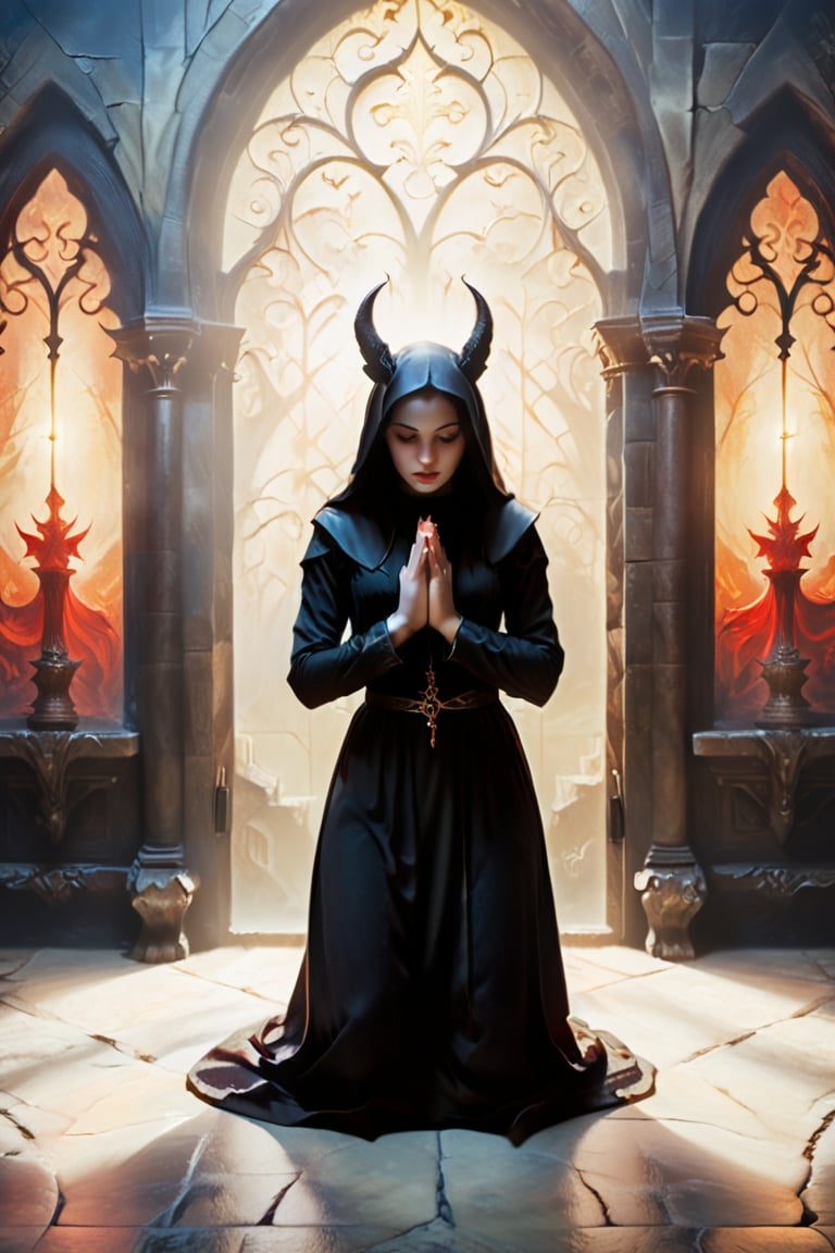 A captivating conceptual illustration of a young woman in monastic attire, kneeling in a devout prayer pose with her hands folded, set against the backdrop of a dimly lit room in a gothic castle. The room's atmosphere is further enhanced by the presence of a sinister-looking devil lurking in the shadows. This striking image, rendered in the style of Odd Nerdrum, evokes a dark fantasy theme with vibrant colors and intricate details. The composition is reminiscent of a cinematic poster or a fine art painting, showcasing the power of dark fantasy and conceptual art., illustration, conceptual art, wildlife photography, photo, painting, vibrant, poster, dark fantasy, cinematic, 3d render