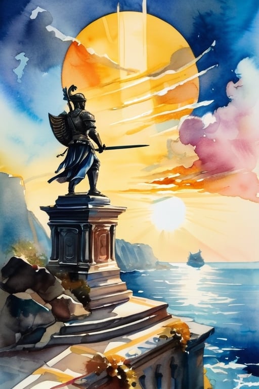 From the grand old balcony, gaze upon the endless sea and the small rocky island with a statue of a warrior, sword raised high towards the sun. Rendered in the opulent style of Baroque, with vibrant watercolor strokes.