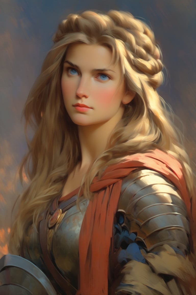 1girl, solo, long hair, blue eyes, blonde hair, brown hair, upper body, armor, blurry, lips, looking to the side, blurry background, looking away, portrait, realistic