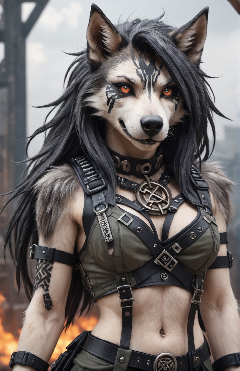 closeup  yōkai-e, of loona hellhound , wearing post apocalyptic outfit  postapocalyptic background ,yōkai-e, knotwork, runes, Loona