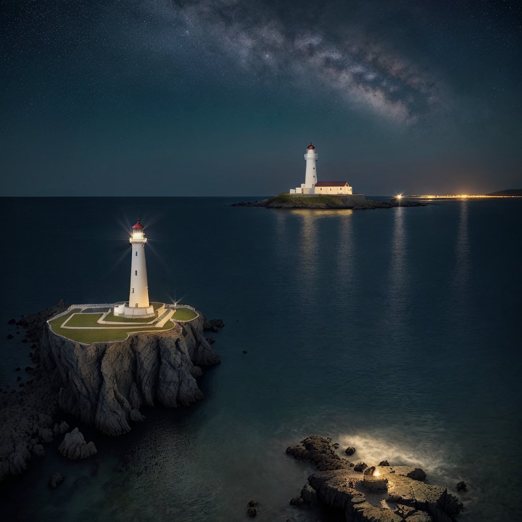 a stunning vintage illustration of a majestic lighthouse perched on a rocky island. The lighthouse emits golden light, casting a beam into the night sky against the backdrop of a calm ocean under a starry sky softly illuminated by moonlight. The lighthouse has antique and intricate design elements. The image is framed with a blue-green lapis lazuli frame with irregular shapes.