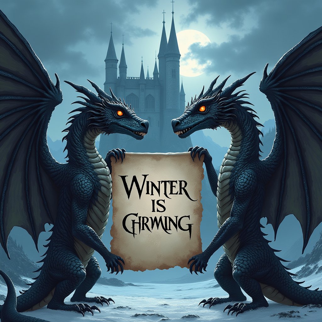 
"Winter is coming" poster, held by two fierce dragons with intricately scaled wings, claws gripping the edges, darkened medieval castle looms in the background with towering spires, stormy clouds swirl above, the atmosphere thick with impending doom, sharp contrasts of fiery dragon eyes against the cold stone battlements, rich, detailed textures reflect a harsh winter landscape.,art_solyanka