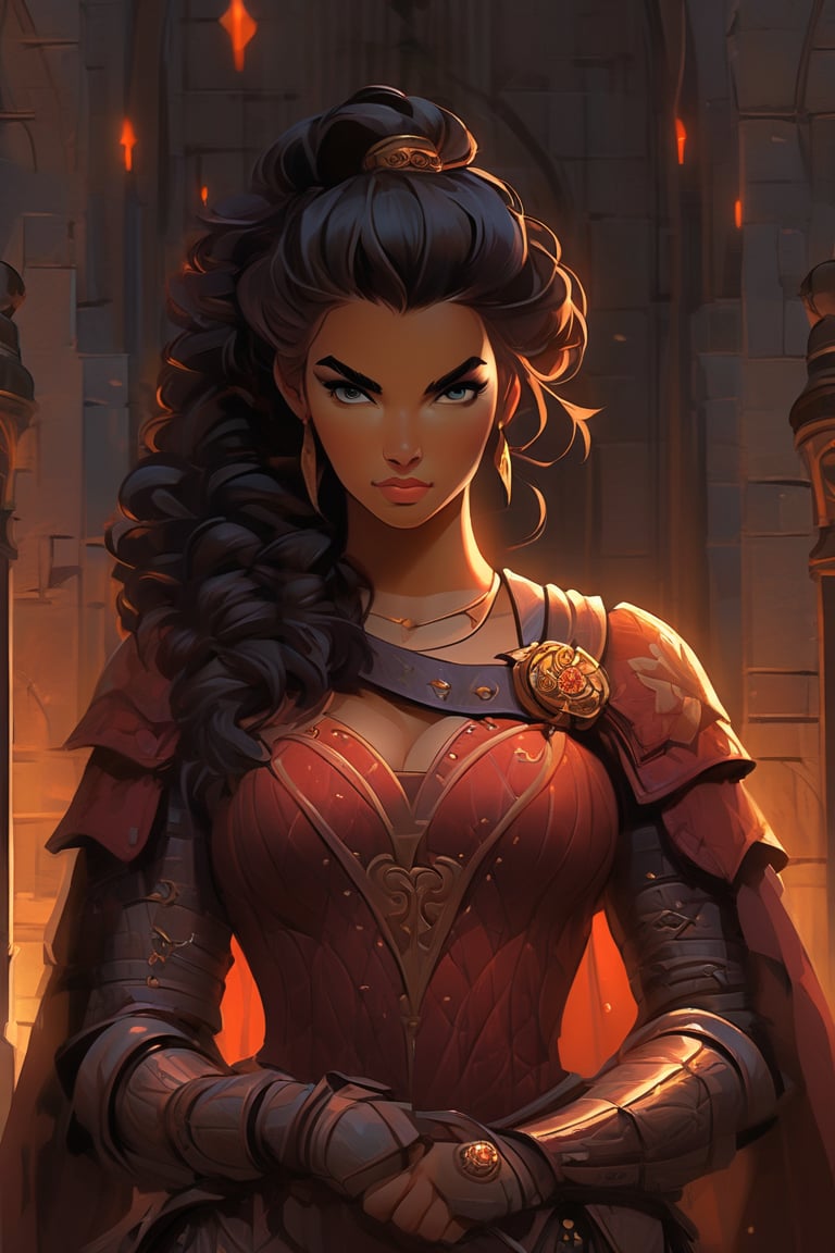 Within a dimly lit, misty courtyard of a foreboding Gothic castle, a young lady warrior emerges from the shadows. Her raven tresses flow like a waterfall down her back, as she dons futuristic armor adorned with metallic scales and supple leather straps. The warm glow of torches casts long shadows across the stone flags, while the dark silhouette of the castle looms behind. In this 3D render, Rococo-inspired curves and ornate details dance across the warrior's suit, blending medieval mystique with modern ingenuity.,portrait art style,portraitart