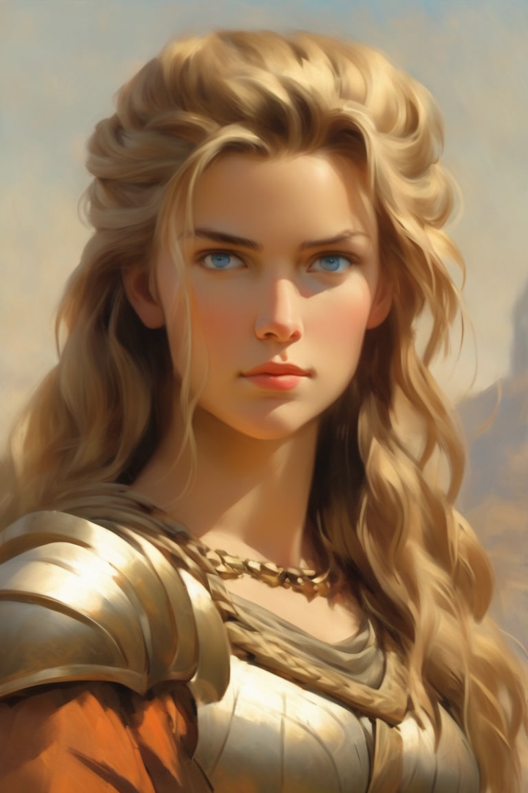 1girl, solo, long hair, blue eyes, blonde hair, brown hair, upper body, armor, blurry, lips, looking to the side, blurry background, looking away, portrait, realistic