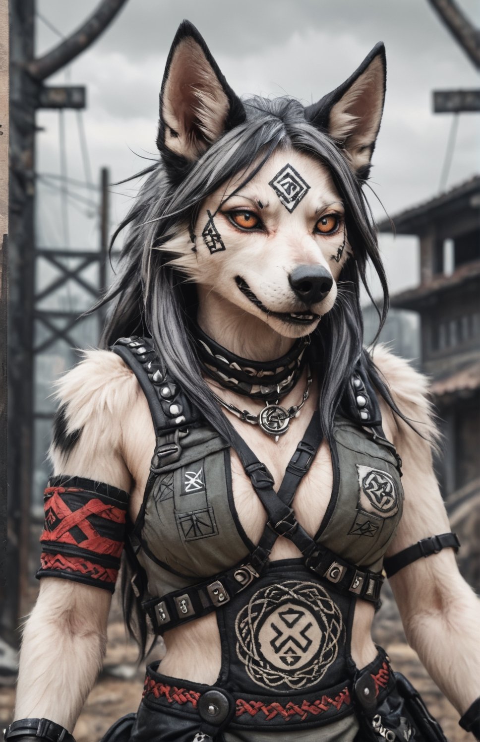 closeup  ukiyo-e, of loona hellhound , wearing post apocalyptic outfit  postapocalyptic background ,Ukiyo-e, knotwork, runes, Loona