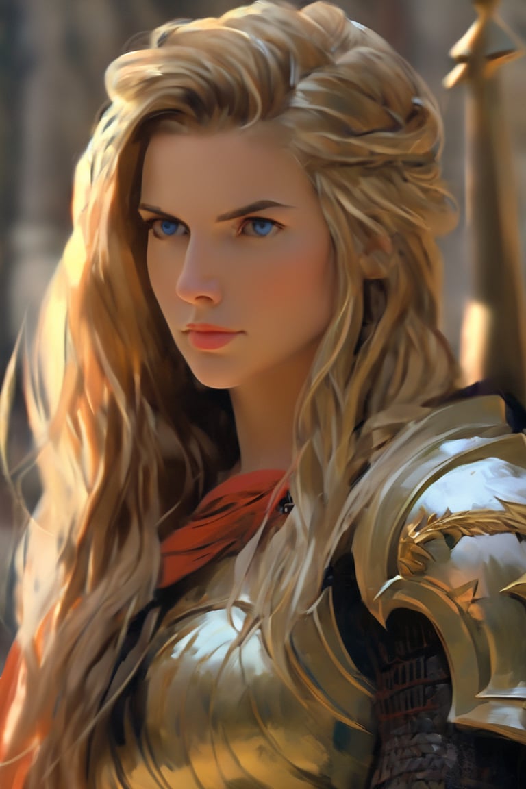 1girl, solo, long hair, blue eyes, blonde hair, brown hair, upper body, armor, blurry, lips, looking to the side, blurry background, looking away, portrait, realistic