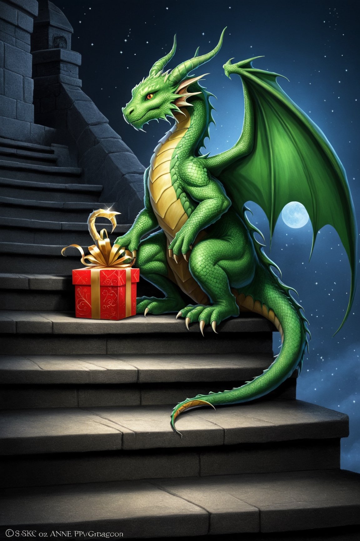 a green dragon sitting on top of steps, by Anne Stokes, ((Black bunny at the bottom of the steps goes home)), Dragon holding gift, stock photo, new year wrapped presents, profile picture 1024px, discord pfp,