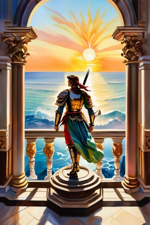 From the grand old balcony, gaze upon the endless sea and the small rocky island with a statue of a warrior, sword raised high towards the sun. Rendered in the opulent style of Baroque, with vibrant watercolor strokes.