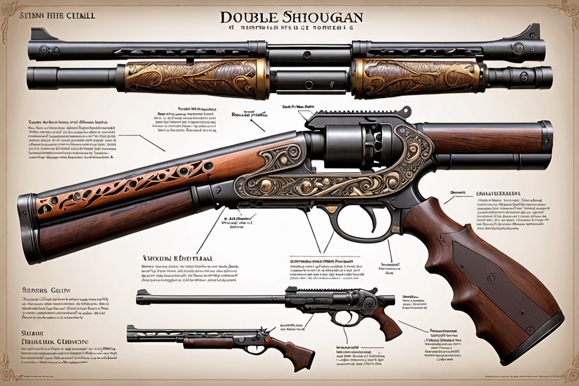 features a detailed diagram of a double-barrel shotgun, showcasing its various parts and mechanisms. The gun is displayed in a cross-sectional view, with the barrels and other components clearly visible. 

In addition to the main double-barrel shotgun, there are several other guns and firearms scattered throughout the image. Some of these guns are positioned in the background, while others are placed closer to the viewer. The overall scene provides a comprehensive understanding of the intricate workings of a double-barrel shotgun and its components.