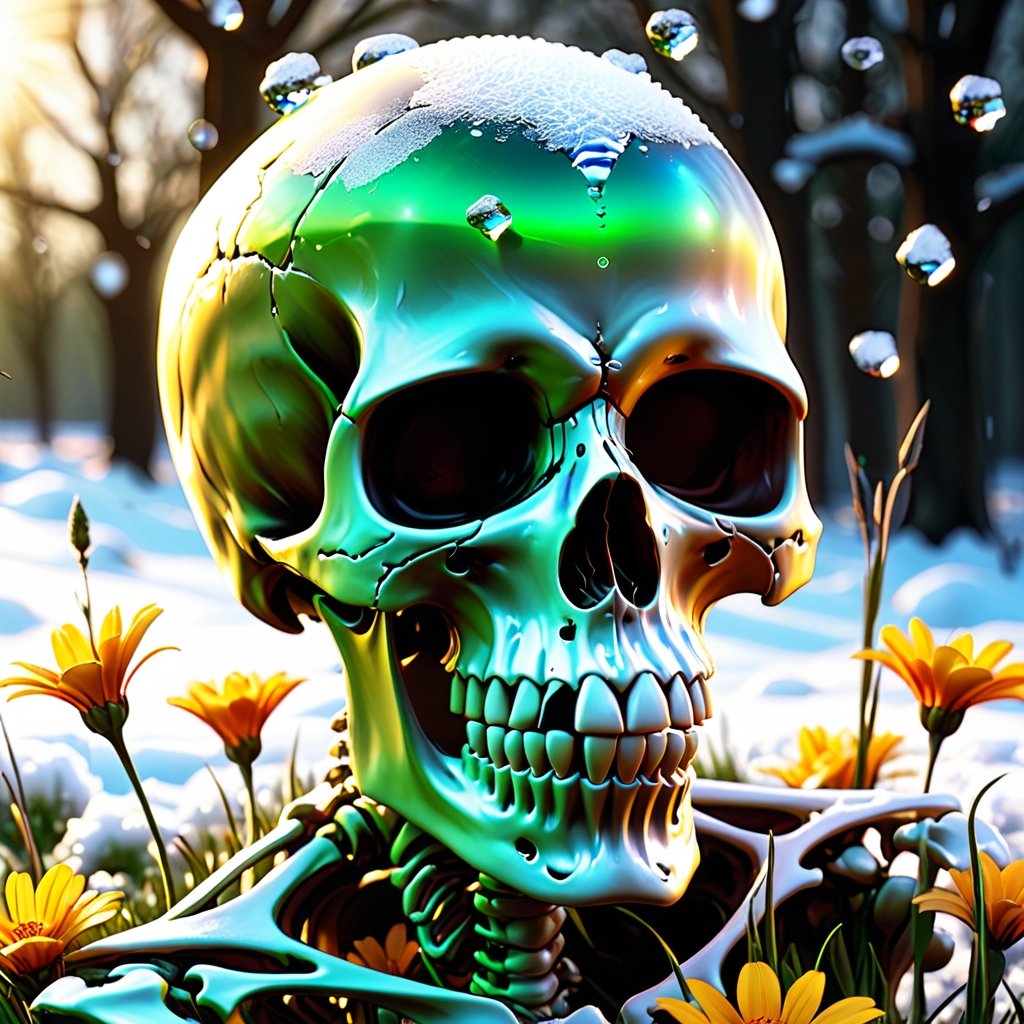 LegendDarkFantasy,DonMB4nsh33XL, (Masterpiece, best quality), (((in the center of the composition there is an icy number 8 and begins to melt))), bright cheerful first flowers, young green juicy grass, against the backdrop of a clearing with melting snow, Bright rays of the sun, beautiful, elegant, harmonious, aesthetics, professional photo , ISO-250, nerd art, Boris Vallejo style, octane render, CGI, 1024K,realistic,funny,skeleton,skull,more detail XL