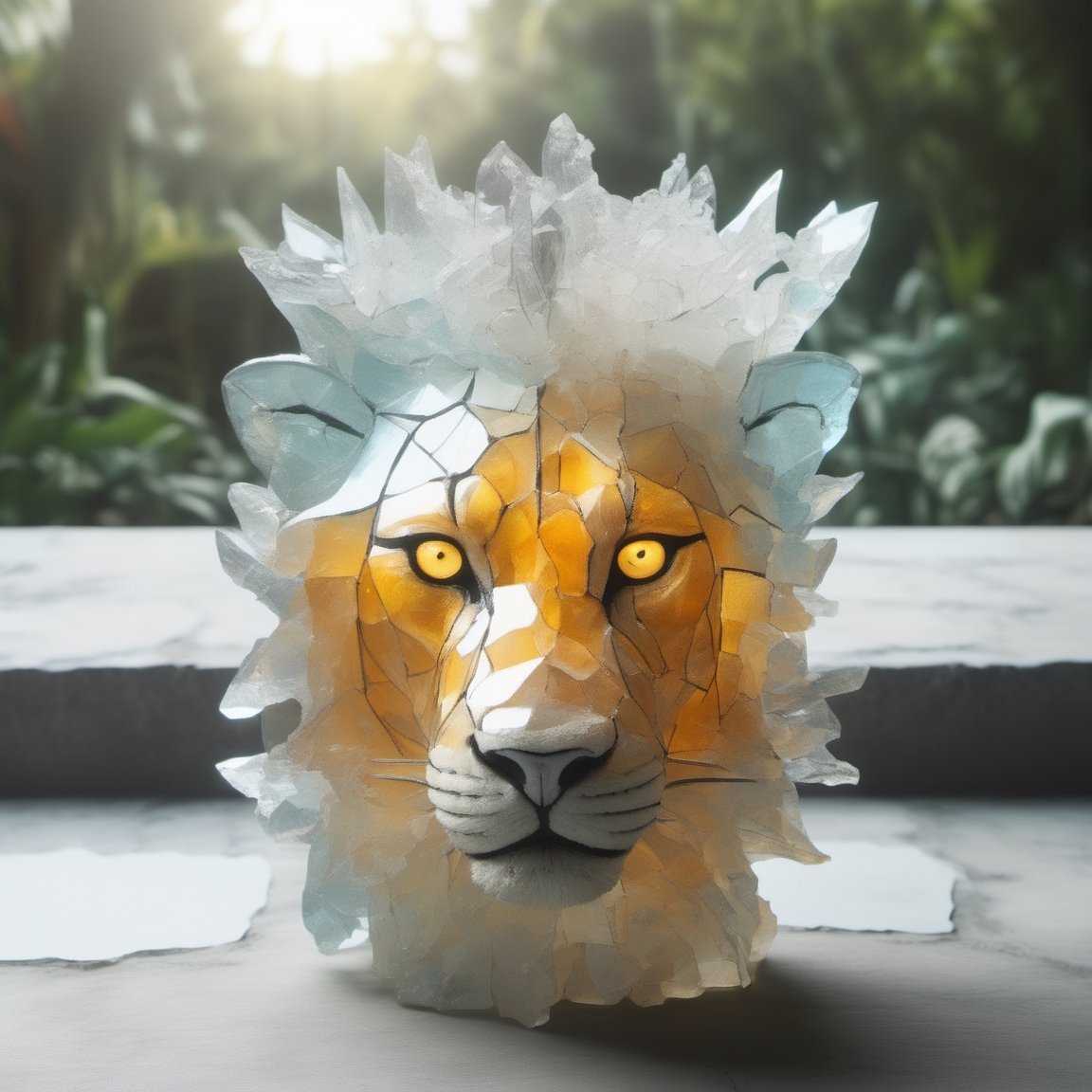 Made_of_pieces_broken_glass transparent sculpture,solo,lion,with a crown on his head, focus on a lion, glass,crack,broken glass,amber light, ,shards,glass,brccl