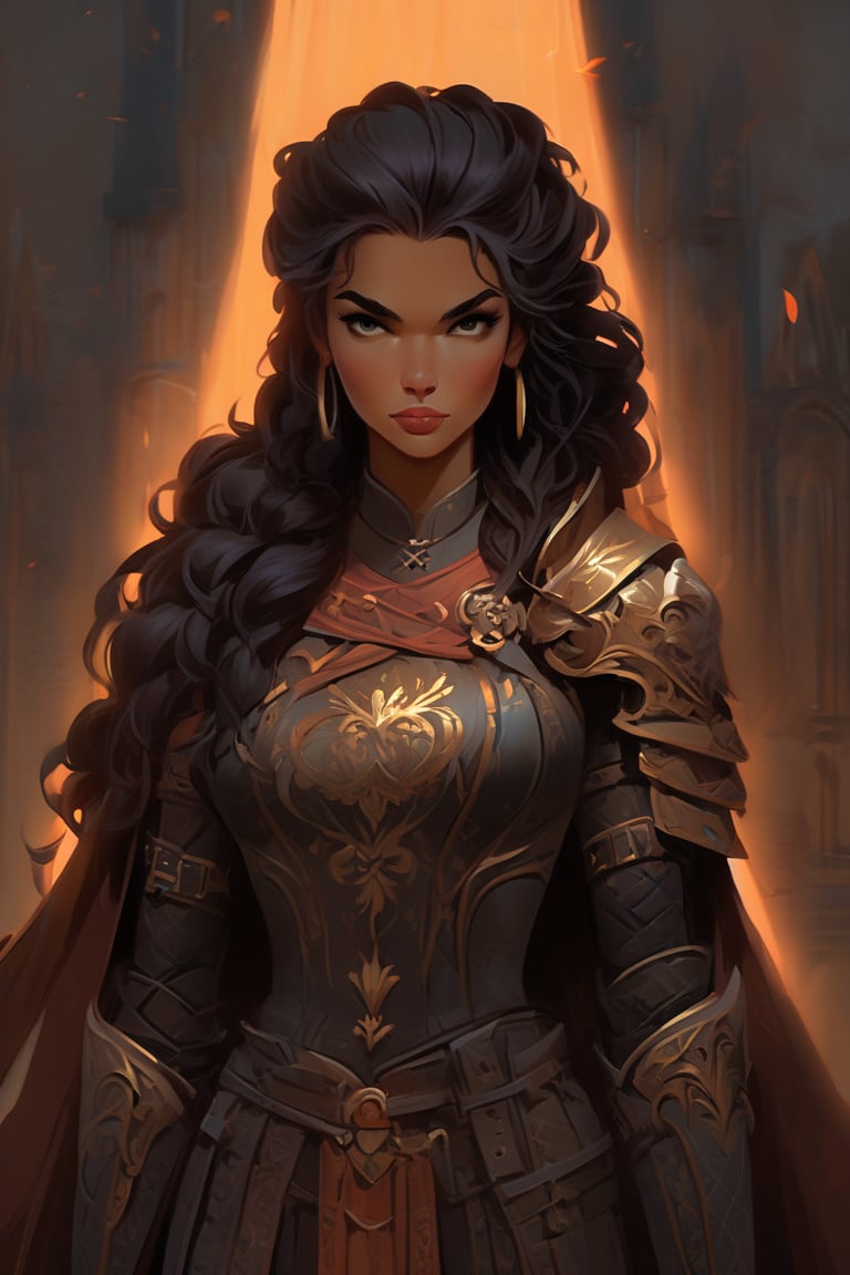 Within a dimly lit, misty courtyard of a foreboding Gothic castle, a young lady warrior emerges from the shadows. Her raven tresses flow like a waterfall down her back, as she dons futuristic armor adorned with metallic scales and supple leather straps. The warm glow of torches casts long shadows across the stone flags, while the dark silhouette of the castle looms behind. In this 3D render, Rococo-inspired curves and ornate details dance across the warrior's suit, blending medieval mystique with modern ingenuity.,portrait art style,portraitart