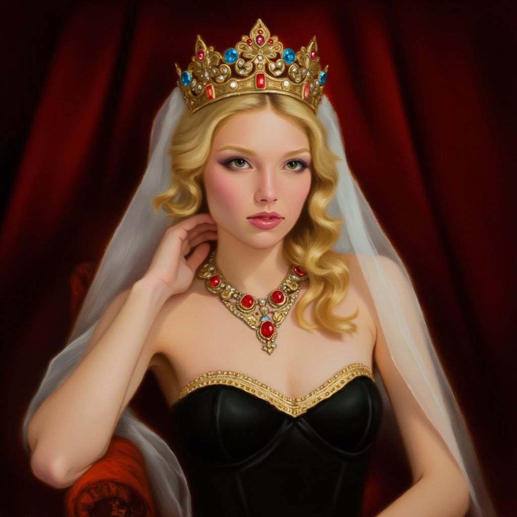 a fantasy princess surrounded by an atmosphere of luxury and magic. She wears an ornate crown adorned with blue and red gemstones that sparkle in the light. A white veil falls gently over her long, wavy blonde hair, adding mystery and sophistication to her look.

Around the princess's neck is a magnificent necklace with red stones set in gold, which emphasizes her royal status. Her outfit features a black corset with gold trim along the top edge that elegantly accentuates her figure.

A piece of red curtain or fabric can be seen in the background, creating the feeling of a rich interior, perhaps a throne room or royal chambers. The whole image of the princess radiates grandeur and grace, as if she had stepped out of the pages of a fairy tale. Photorealism, professional shot, ISO-250,art_solyanka,pavsok Style