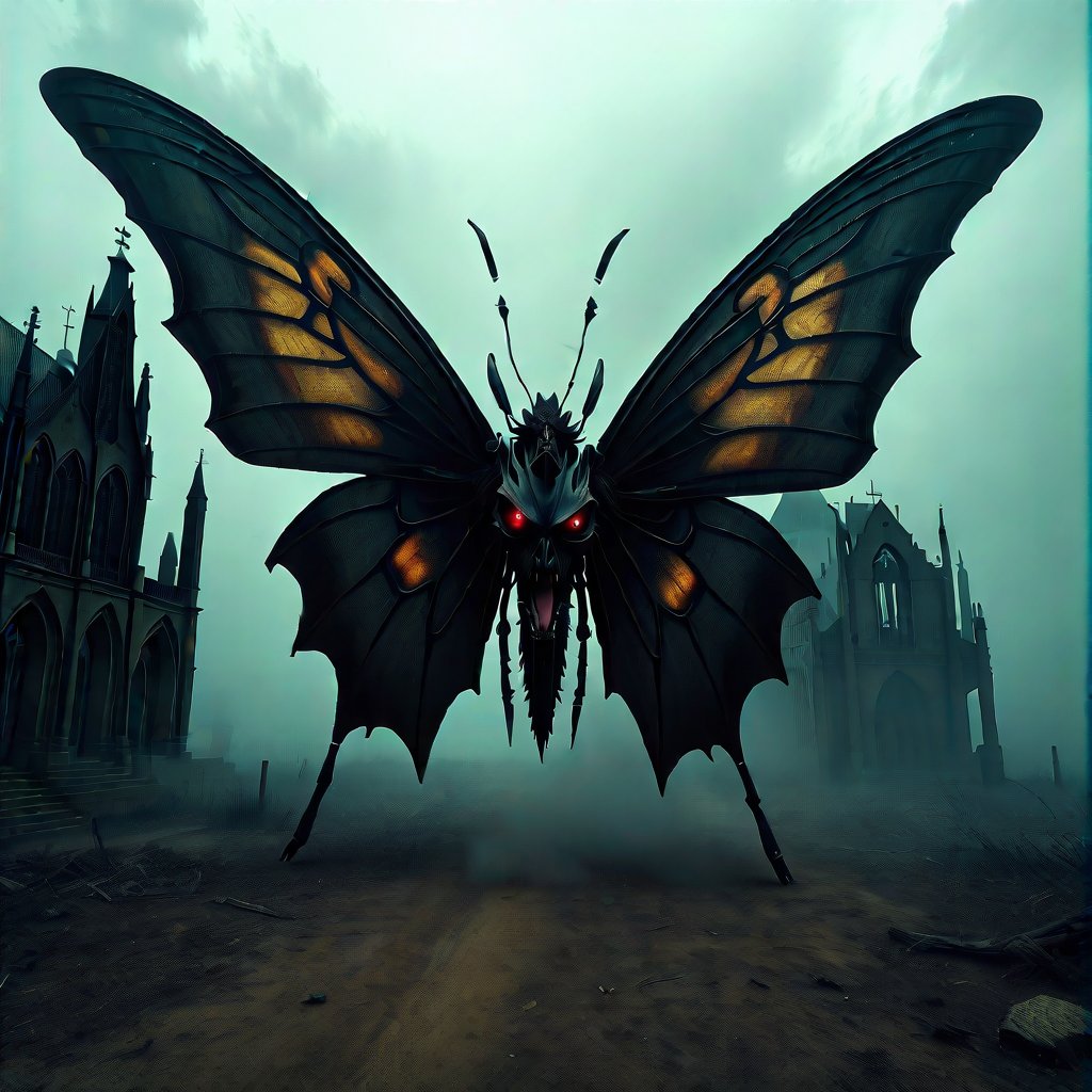 A photo of a scary butterfly monster with a death's head skull design and elongated fangs glistening. The monster has oversized shadowy wings. The background is a desolate post-apocalyptic landscape with eerie mist swirling and gothic architecture ruins. The overall image has a supernatural glow, hauntingly beautiful textures, and intricate patterns on the wings. The ominous ambiance envelops every corner.