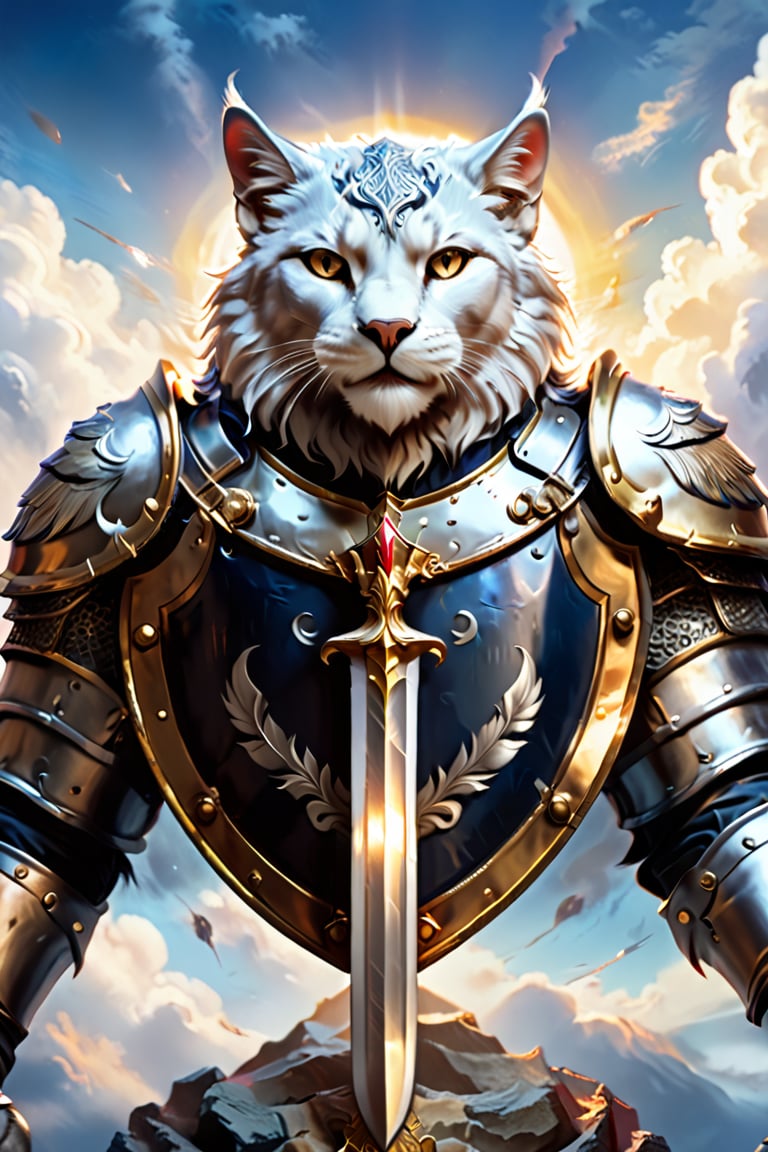 A striking digital artwork featuring a valiant silver cat, defying gravity while standing tall against a deep blue sky. The cat holds a gleaming sword and shield in its paws, reflecting its courage, determination, and combat skills. Atop the shield, a majestic golden helmet with feathers stands proudly, highlighting the cat\'s noble and knightly lineage. A golden crown rests above the helmet, emphasizing the cat-knight\'s power, dignity, and leadership qualities.\n\nSurrounding the shield, two powerful and regal silver lions stand guard on either side, showcasing their unwavering strength and support for their fearless comrade. This captivating and cinematic image is a breathtaking blend of vibrant colors, conceptual art, and dark fantasy elements, evoking a sense of wonder and awe. The overall composition is a stunning 3, dark fantasy, photo, painting, cinematic, 3d render, illustration, conceptual art, vibrant, poster, product