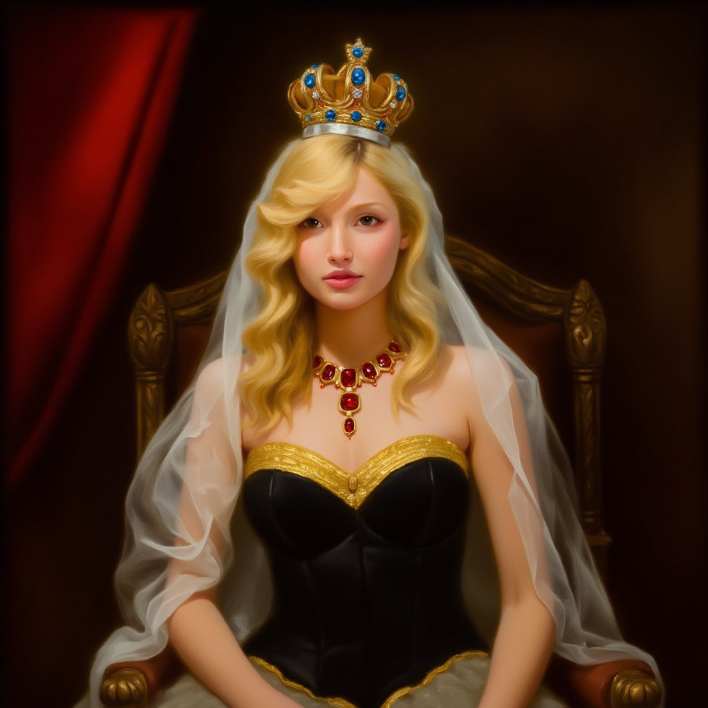 a fantasy princess surrounded by an atmosphere of luxury and magic. She wears an ornate crown adorned with blue and red gemstones that sparkle in the light. A white veil falls gently over her long, wavy blonde hair, adding mystery and sophistication to her look.

Around the princess's neck is a magnificent necklace with red stones set in gold, which emphasizes her royal status. Her outfit features a black corset with gold trim along the top edge that elegantly accentuates her figure.

A piece of red curtain or fabric can be seen in the background, creating the feeling of a rich interior, perhaps a throne room or royal chambers. The whole image of the princess radiates grandeur and grace, as if she had stepped out of the pages of a fairy tale. Photorealism, professional shot, ISO-250