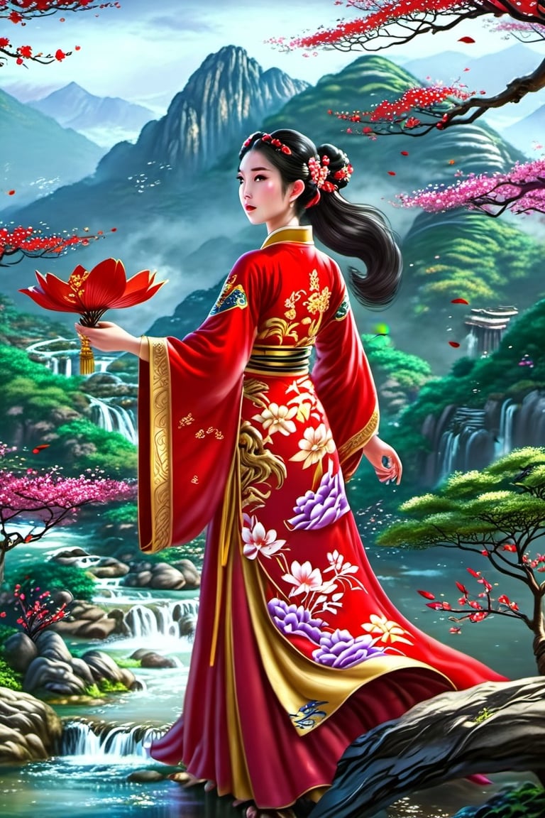 A girl wearing traditional Chinese Hanfu, a red dress with floral patterns, long black hair, and an exquisite hairstyle. The girl stands surrounded by flowers and trees. With mountains and rivers as the background, real Chinese style landscape - Mountain and Water