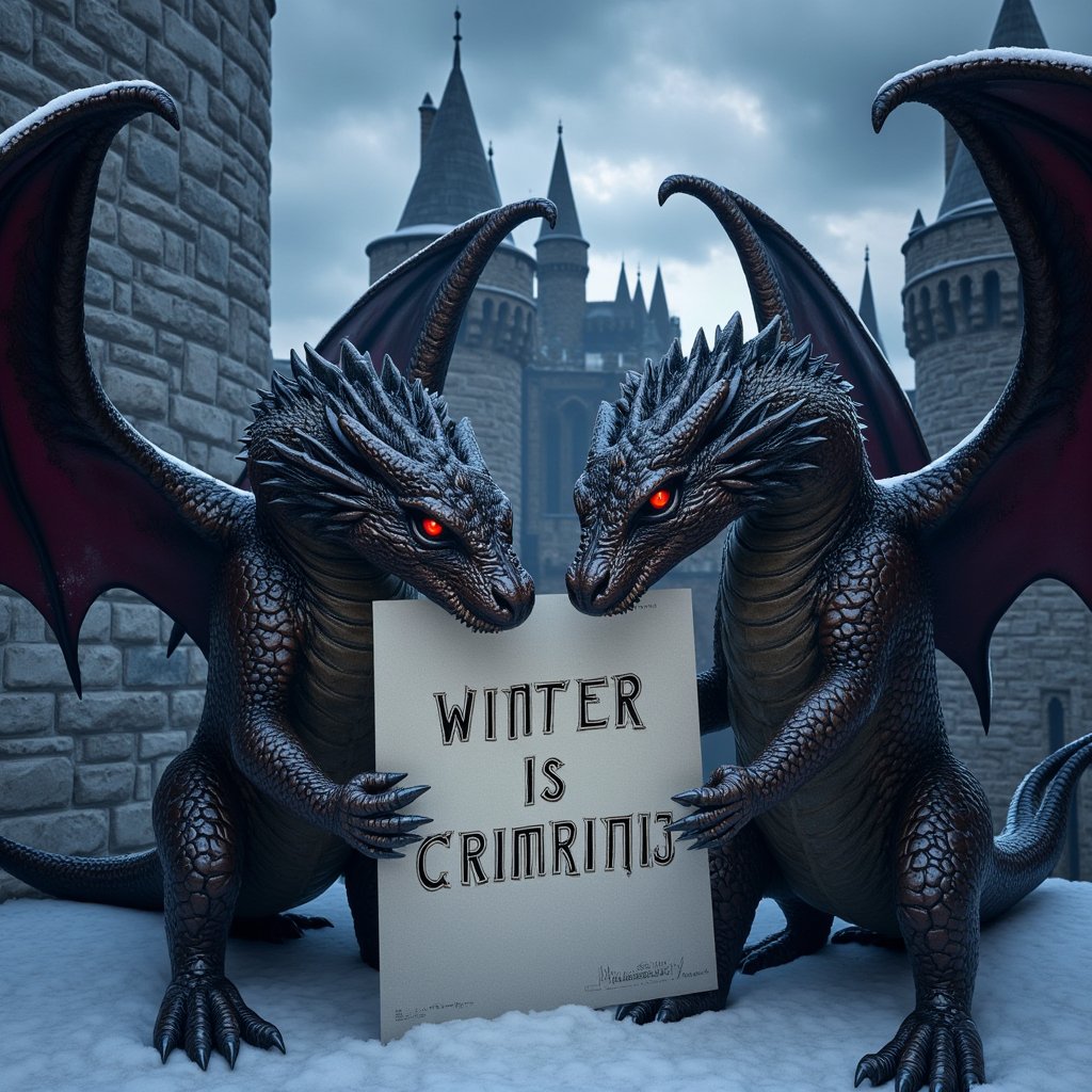 
"Winter is coming" poster, held by two fierce dragons with intricately scaled wings, claws gripping the edges, darkened medieval castle looms in the background with towering spires, stormy clouds swirl above, the atmosphere thick with impending doom, sharp contrasts of fiery dragon eyes against the cold stone battlements, rich, detailed textures reflect a harsh winter landscape.,art_solyanka