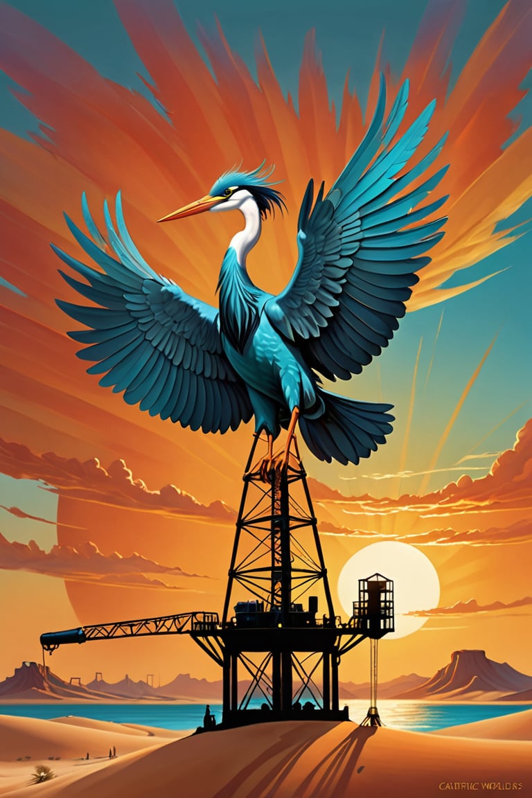 A whimsical oil rig landscape by 'Caricature Worlds' features majestic, feathered herons rising from the desert sand, their slender legs transformed into towering derricks. Vibrant plumage in shades of turquoise, orange, and yellow wraps around the rigs, as if infused with an otherworldly energy. The setting sun casts a warm glow, illuminating the fantastical scene.,FuturEvoLabBadge