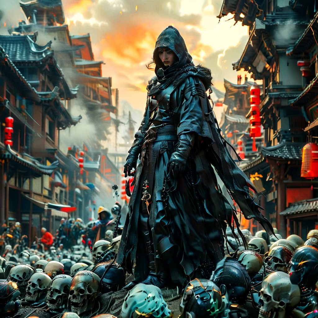 A dark fantasy masterpiece: A hooded monk-warrior, Death, stands atop a hill of human skulls and otherworldly creatures against an ominous mountain backdrop at sunset. The figure's leather-adorned robe, gray cloak, and black gloves contrast with the vibrant color palette, evoking Boris Vallejo's style. Framed by the setting sun, the character exudes power and mystery.,adamcnbldg style