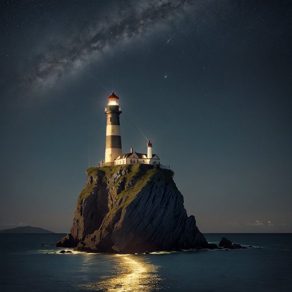 a stunning vintage illustration of a majestic lighthouse perched on a rocky island. The lighthouse emits golden light, casting a beam into the night sky against the backdrop of a calm ocean under a starry sky softly illuminated by moonlight. The lighthouse has antique and intricate design elements. The image is framed with a blue-green lapis lazuli frame with irregular shapes.