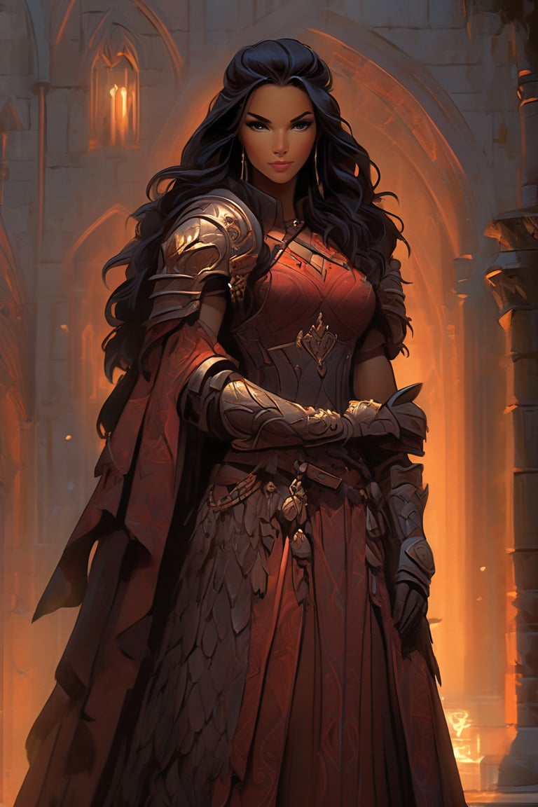 Within a dimly lit, misty courtyard of a foreboding Gothic castle, a young lady warrior emerges from the shadows. Her raven tresses flow like a waterfall down her back, as she dons futuristic armor adorned with metallic scales and supple leather straps. The warm glow of torches casts long shadows across the stone flags, while the dark silhouette of the castle looms behind. In this 3D render, Rococo-inspired curves and ornate details dance across the warrior's suit, blending medieval mystique with modern ingenuity.