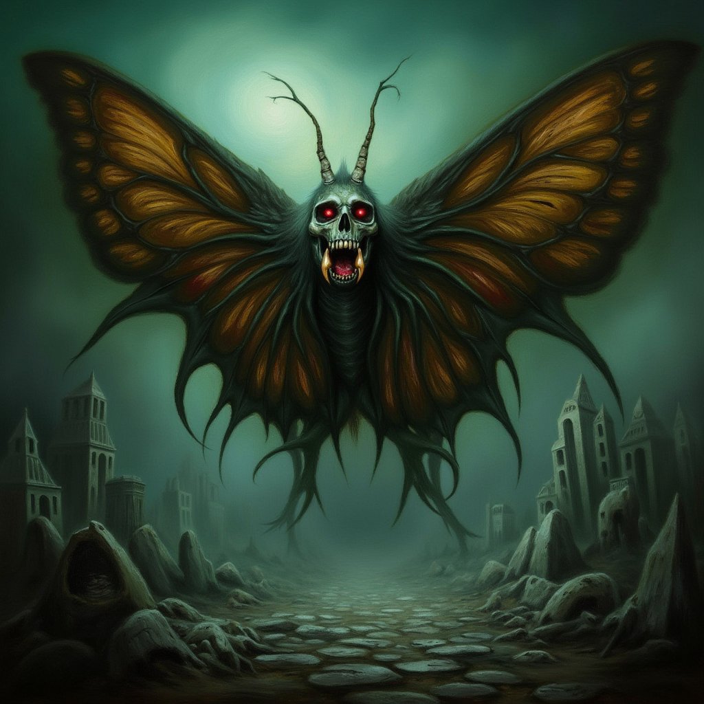 A photo of a scary butterfly monster with a death's head skull design and elongated fangs glistening. The monster has oversized shadowy wings. The background is a desolate post-apocalyptic landscape with eerie mist swirling and gothic architecture ruins. The overall image has a supernatural glow, hauntingly beautiful textures, and intricate patterns on the wings. The ominous ambiance envelops every corner.,art_solyanka,pavsok Style