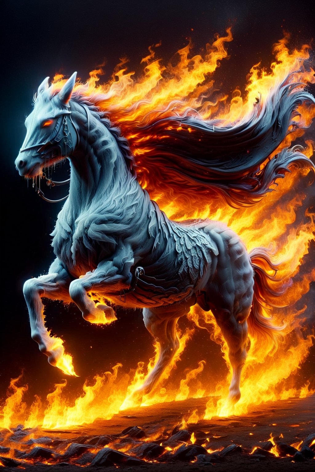 A majestic battlehorse gallops through a fiery inferno, flames engulfing its mane and tail as it rears up on hind legs, nostrils flared and ears laid back, amidst a backdrop of scorched earth and charred trees, the warmth of the blaze illuminating its muscular physique.,Headless Horseman,Mustang,faize,ElementFire