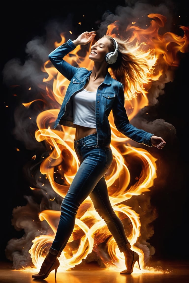 (Raw Photo:1.3) of (Ultra detailed:1.3)  photorealistic image of a pretty woman dancing happy, fire elements sorround all her body,  listening to music with your headphones, she is on fire, dynamic photo by Nick Knight