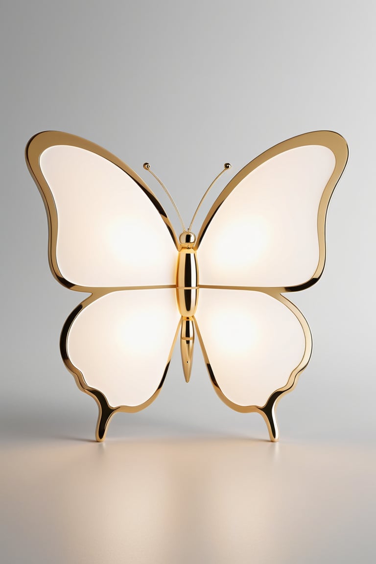 Render the iconic butterfly-shaped product in 3D, inspired by the minimalist elegance of Yves Saint Laurent's Peasant style and the functional simplicity of Dieter Rams' design philosophy. The metal body features a light golden chrome finish with intricate white acrylic details. Set against a clean, neutral background, the product is illuminated by studio lighting that accentuates its curves and textures.