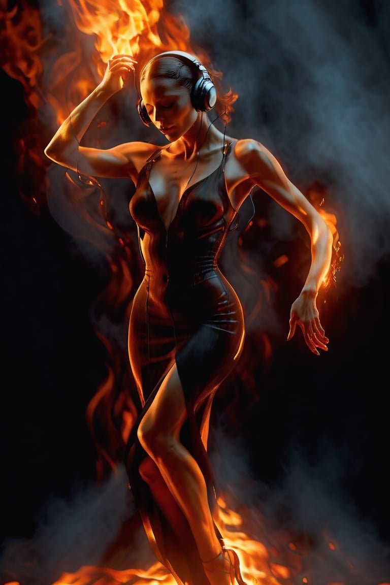 (Raw Photo:1.3) of (Ultra detailed:1.3)  photorealistic image of a pretty woman Tango with fire, fire elements sorround all her body,  listening to music with your headphones, she is on fire, dynamic photo by Nick Knight