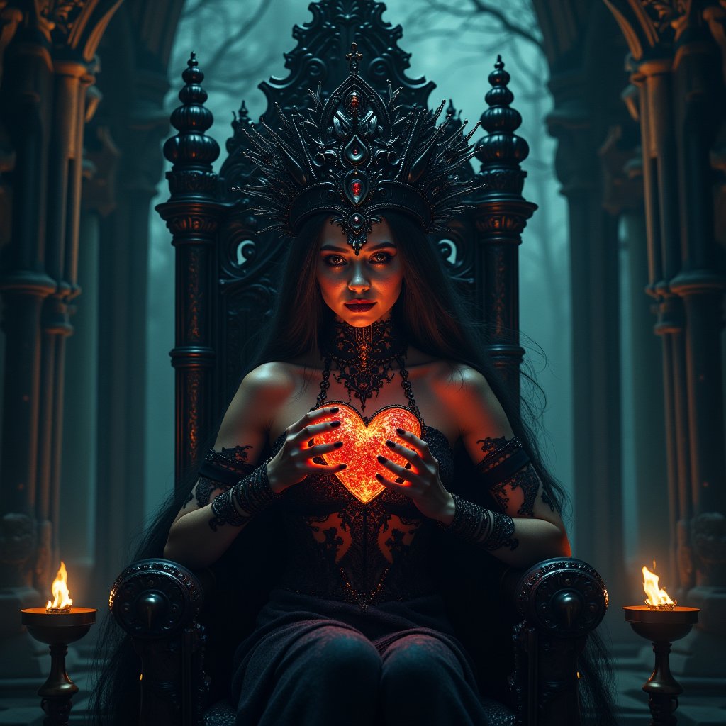 A majestic woman sits upon a throne, her slender fingers cradling a glowing heart as dark shadows dance across her figure. The intricate black crown on her brow is adorned with mystical patterns, casting an aura of foreboding. Gothic spires loom behind her, merging the realms of fantasy and despair. Heart machines hum to life beside her, their pulsing lights illuminating her sapphire-encrusted tiara. With an enigmatic presence, she embodies an evil princess from a desolate wasteland, exuding haunting beauty in this official art print.