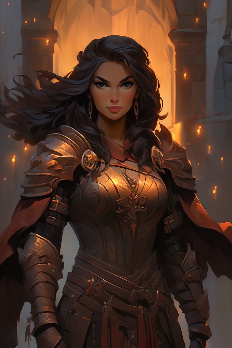 Within a dimly lit, misty courtyard of a foreboding Gothic castle, a young lady warrior emerges from the shadows. Her raven tresses flow like a waterfall down her back, as she dons futuristic armor adorned with metallic scales and supple leather straps. The warm glow of torches casts long shadows across the stone flags, while the dark silhouette of the castle looms behind. In this 3D render, Rococo-inspired curves and ornate details dance across the warrior's suit, blending medieval mystique with modern ingenuity.,portrait art style,portraitart