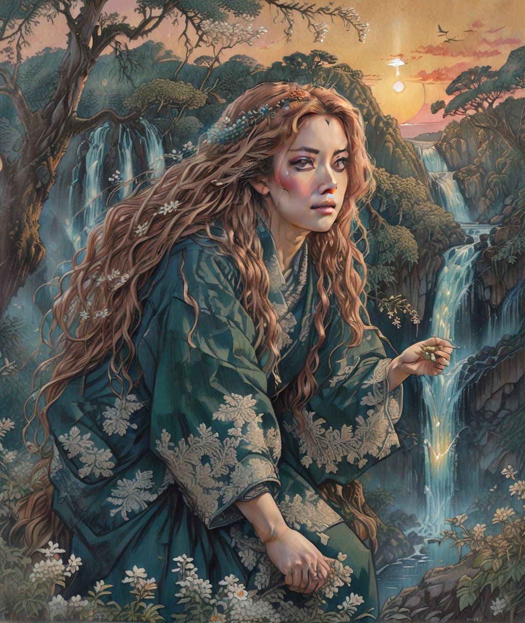 Cinematic results,  intricate ultra detailed portrait picture of a woman with honey hair climbinga tree,  work of beauty and complexity, 8kUHD, spanish moss background with tiny flowers,ColorART,hyper real extra effect add, waterfall,  golden hour ,Ukiyo-e